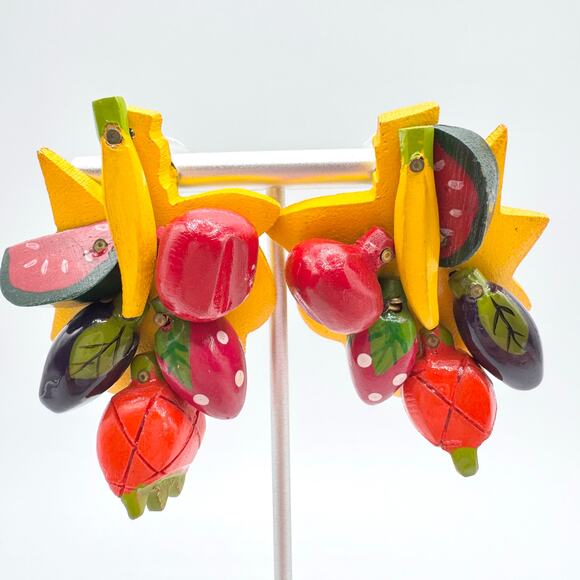 Vintage Huge Fruit Salad Earrings Hand Painted Wood Kitschy Funny Gaudy Wacky - Picture 2 of 12